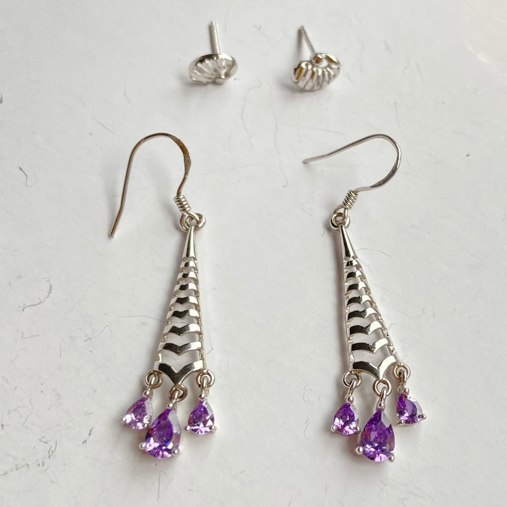 Amethyst teardrop earrings+925 silver shell studs